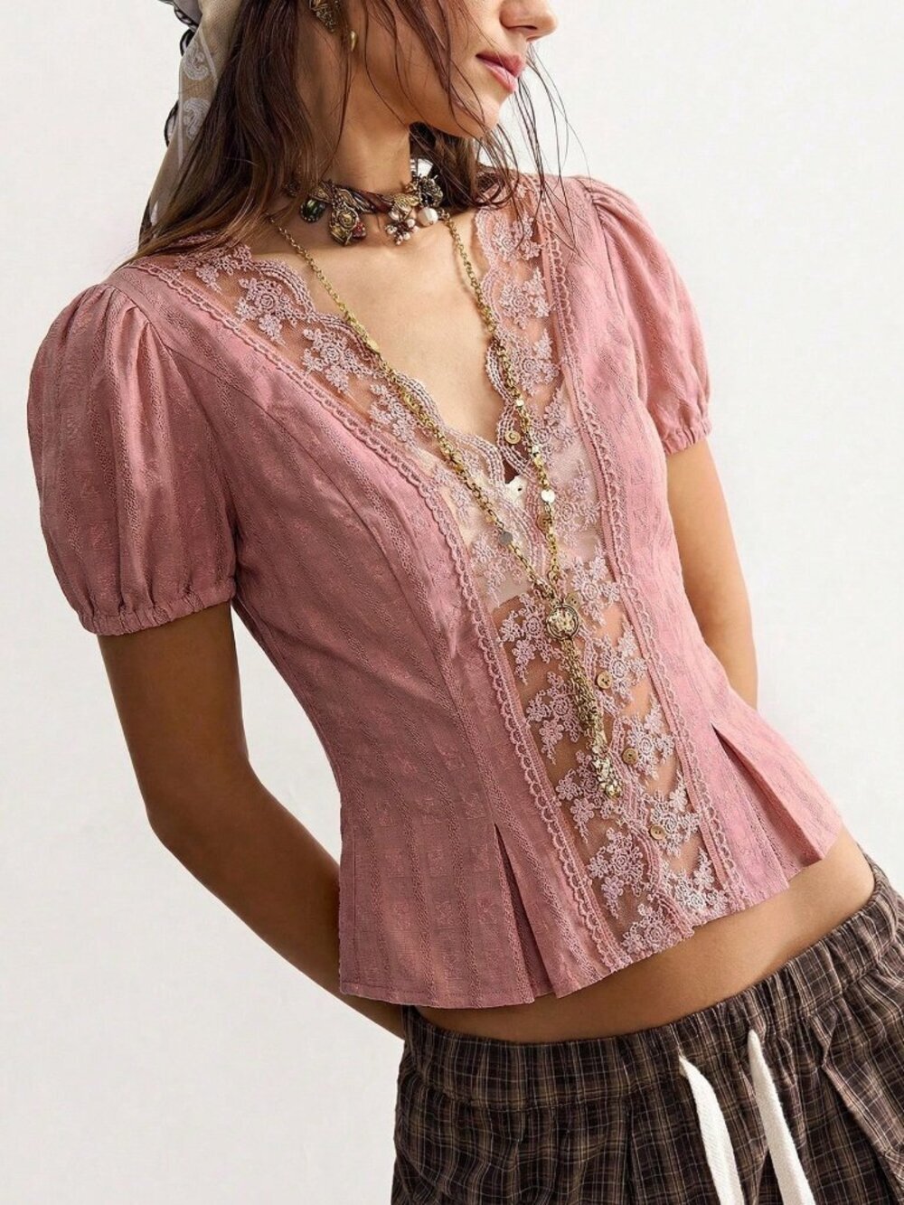 Pink Casual Women's Woven Patchwork Lace Trim Short Sleeve Blouse - Picture 7 of 8